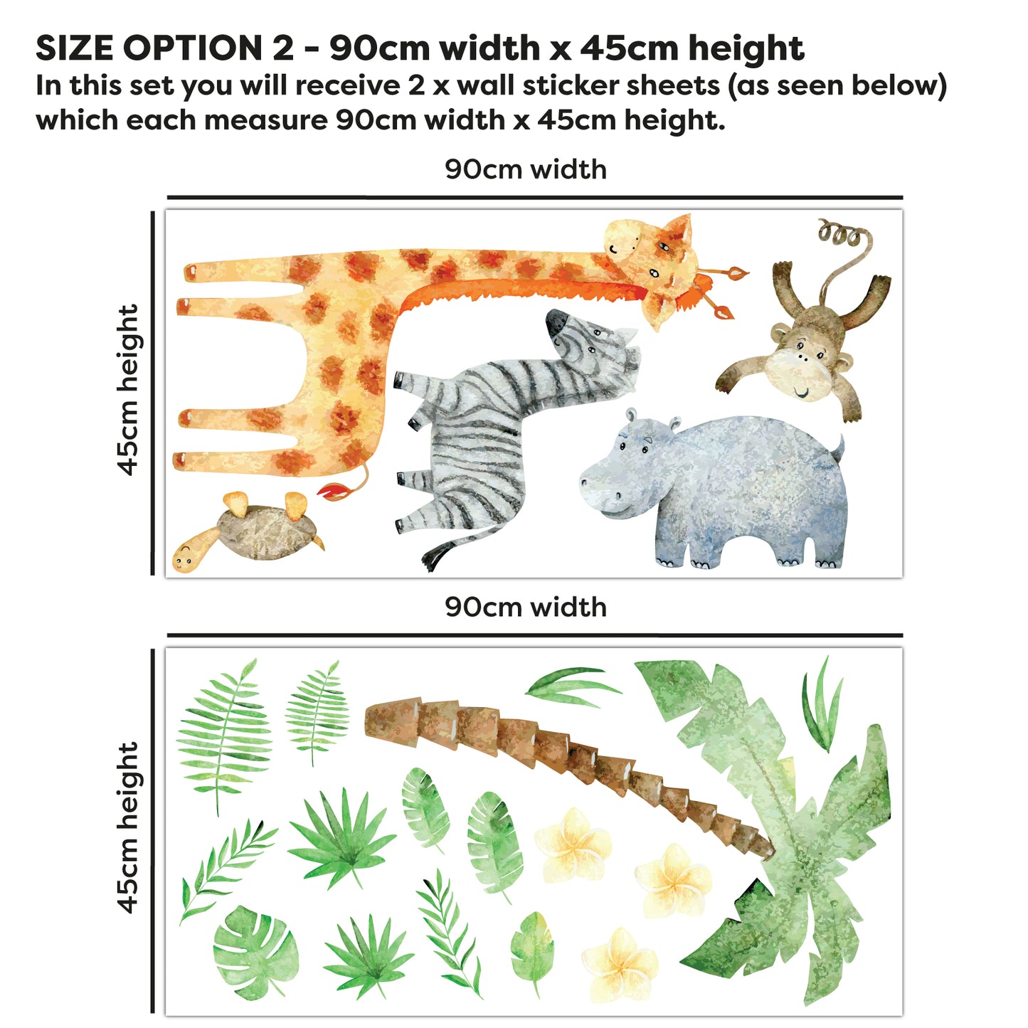 Watercolour Jungle Animal Wall Sticker - Set of 5 Jungle Animals and Leaves Decal Wall Art