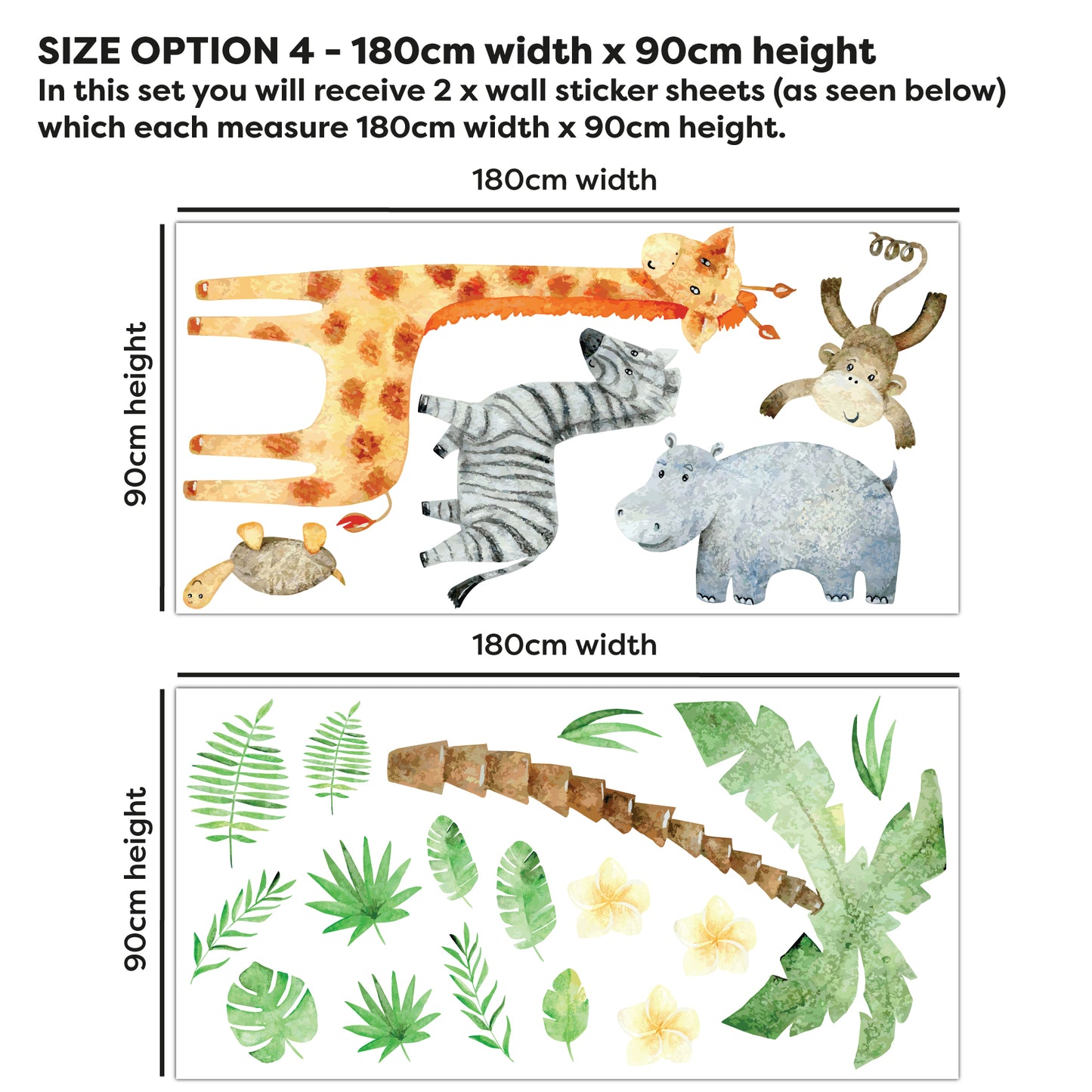 Watercolour Jungle Animal Wall Sticker - Set of 5 Jungle Animals and Leaves Decal Wall Art