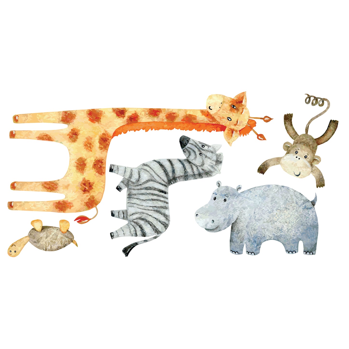 Watercolour Jungle Animal Wall Sticker - Set of 5 Jungle Animals and Leaves Decal Wall Art