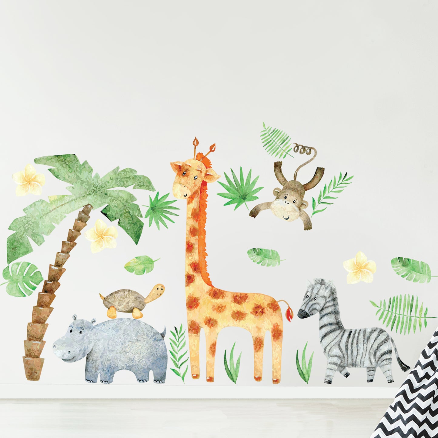 Watercolour Jungle Animal Wall Sticker - Set of 5 Jungle Animals and Leaves Decal Wall Art