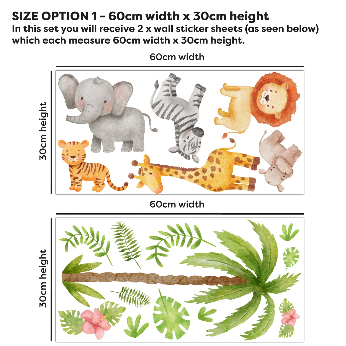 Watercolour Jungle Animal Wall Sticker - Set of 6 Animals and Leaves Decal Wall Art