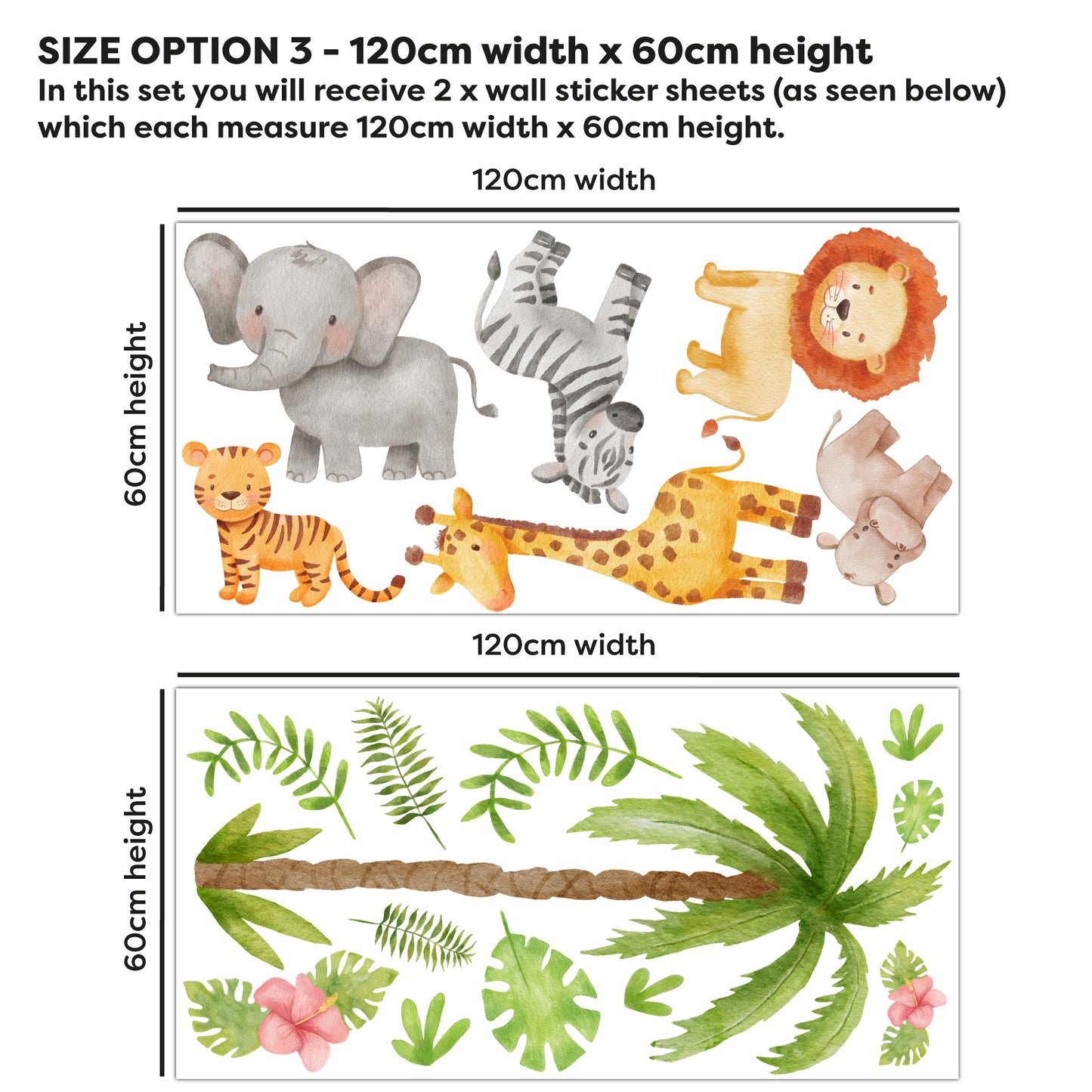 Watercolour Jungle Animal Wall Sticker - Set of 6 Animals and Leaves Decal Wall Art
