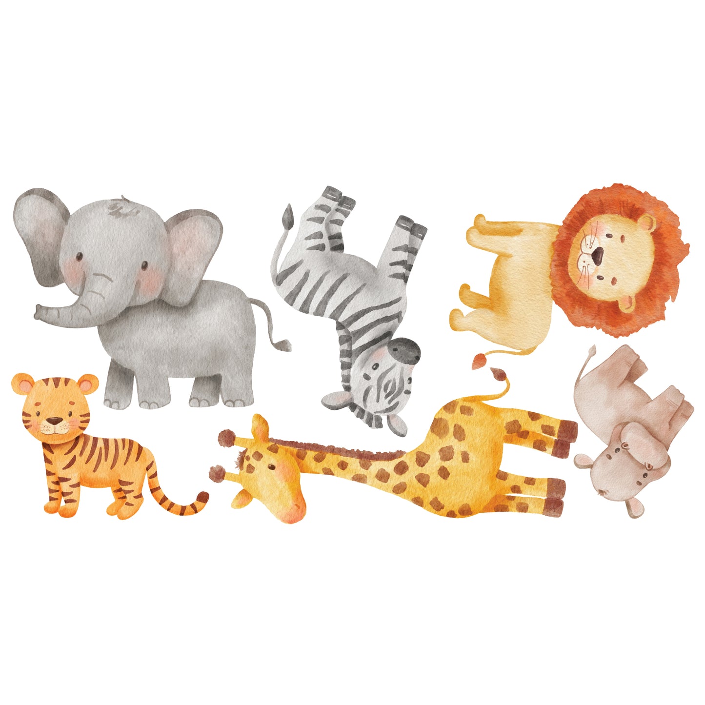 Watercolour Jungle Animal Wall Sticker - Set of 6 Animals and Leaves Decal Wall Art