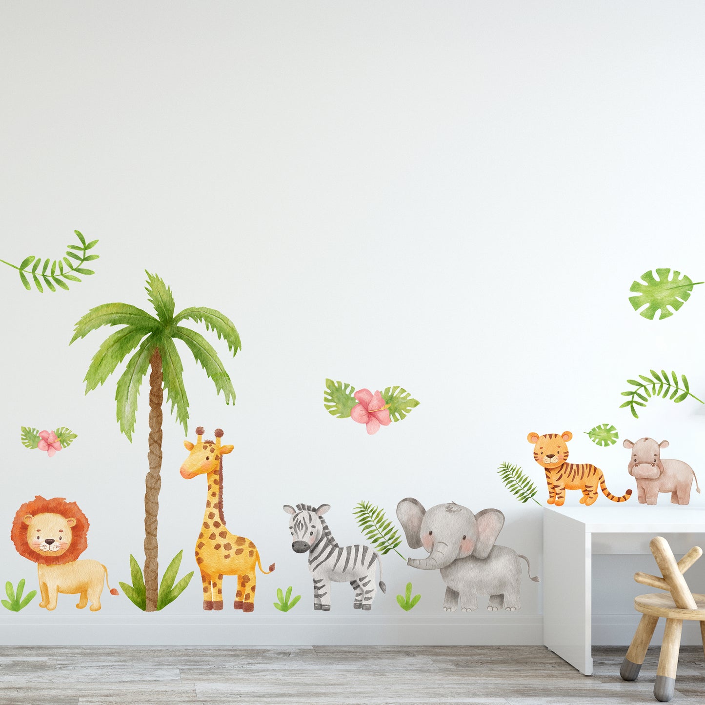 Watercolour Jungle Animal Wall Sticker - Set of 6 Animals and Leaves Decal Wall Art