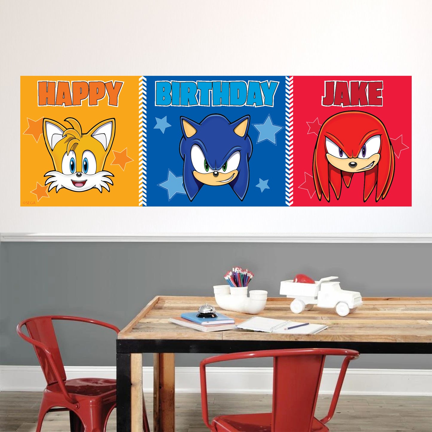 Sonic The Hedgehog Birthday - Sonic, Knuckles and Tails Heads Personalised Banner Wall Sticker