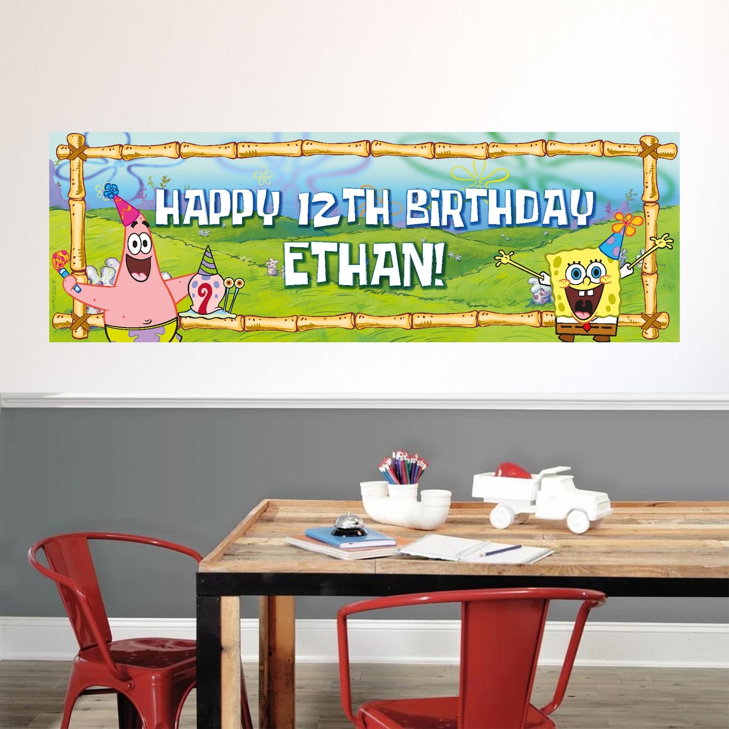 SpongeBob Birthday - SpongeBob Patrick And Gary Party Hats Personalised Banner Wall Sticker