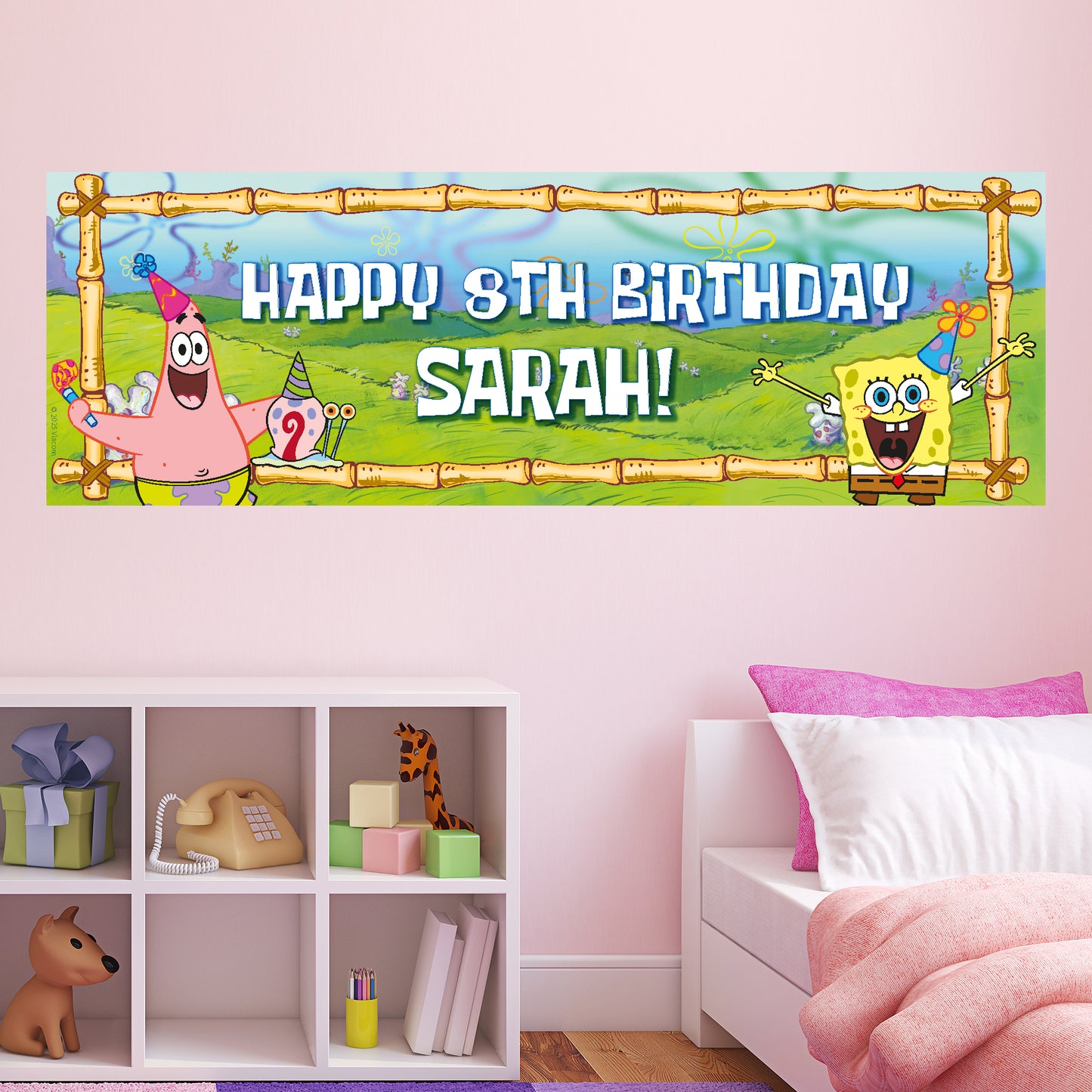SpongeBob Birthday - SpongeBob Patrick And Gary Party Hats Personalised Banner Wall Sticker