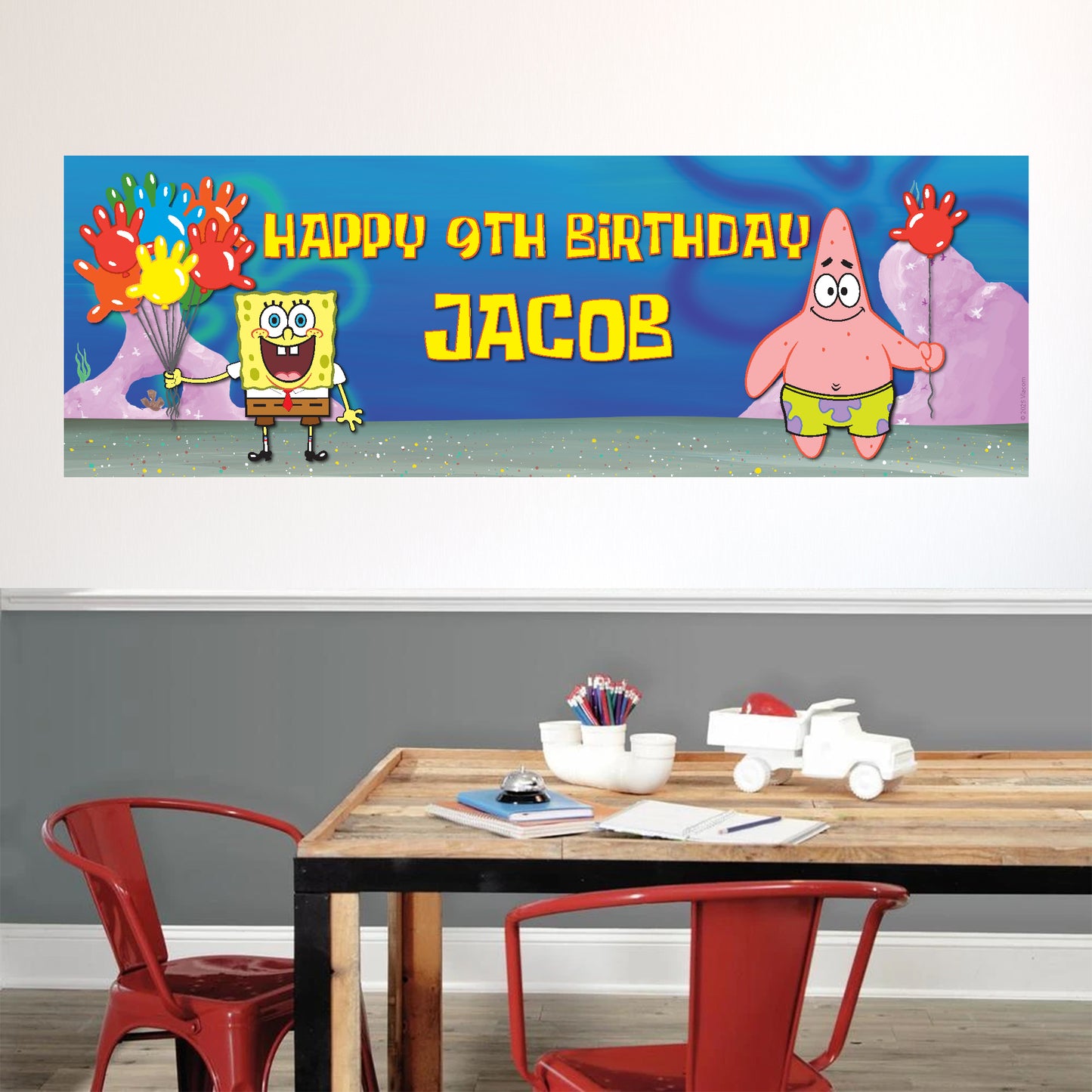 SpongeBob Birthday - SpongeBob And Patrick Balloons Personalised Banner Wall Sticker