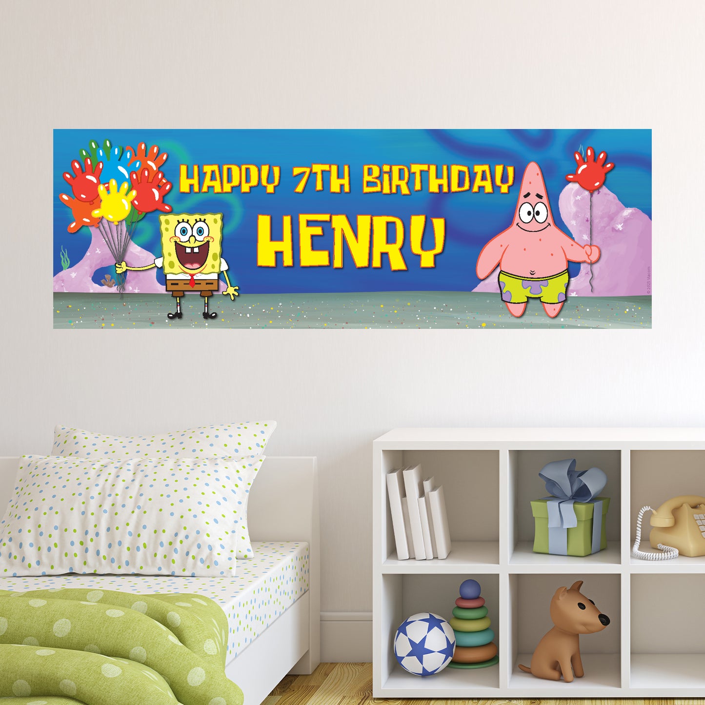 SpongeBob Birthday - SpongeBob And Patrick Balloons Personalised Banner Wall Sticker