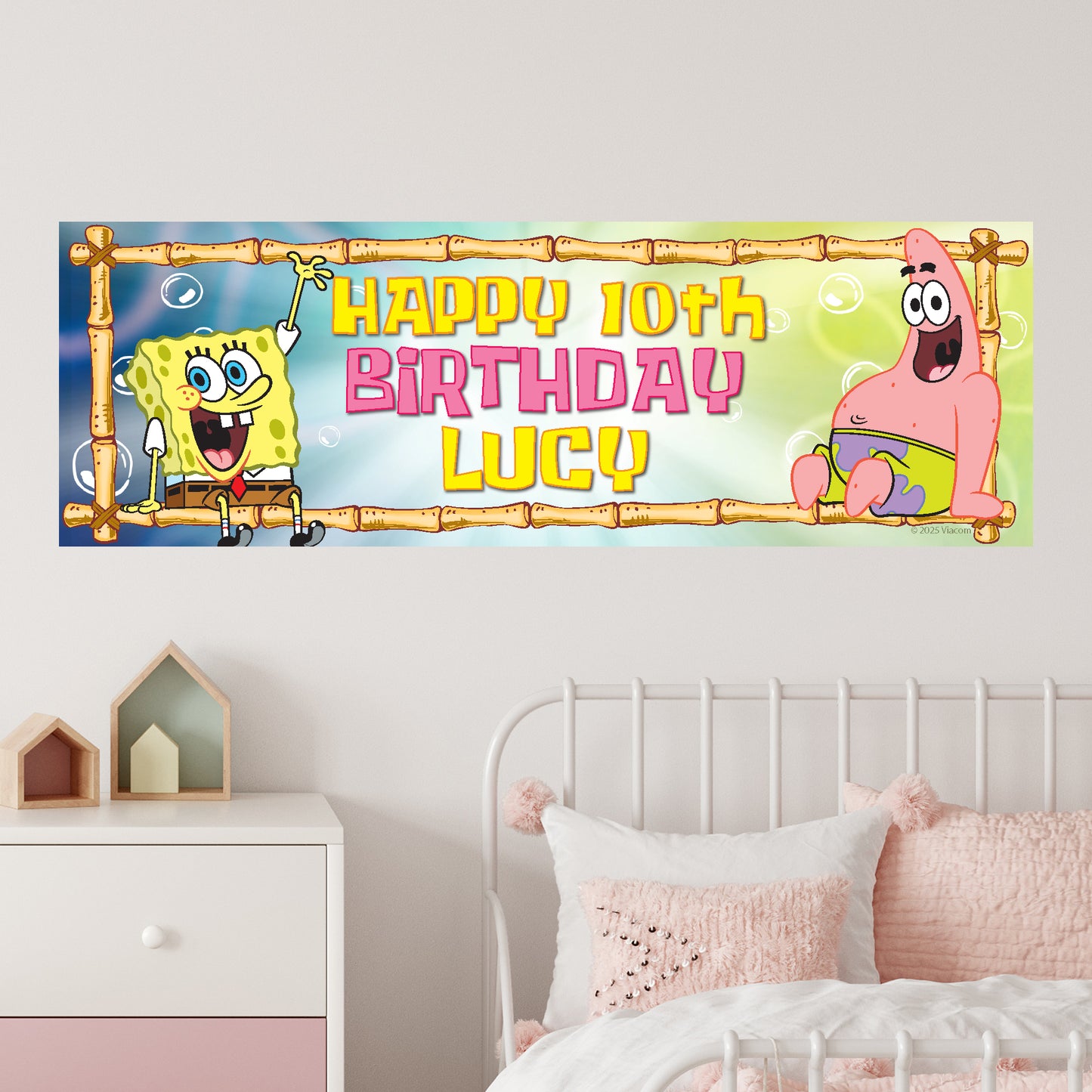 SpongeBob Birthday - SpongeBob And Patrick Sitting On Bamboo Personalised Banner Wall Sticker