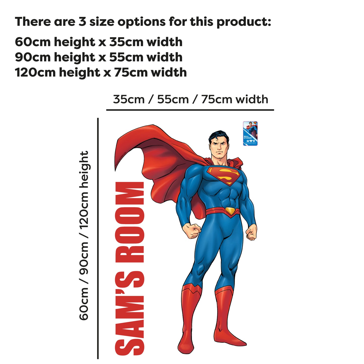 Superman Wall Sticker - Stood with Cape Blowing Personalised Wall Decal DC Superhero Art