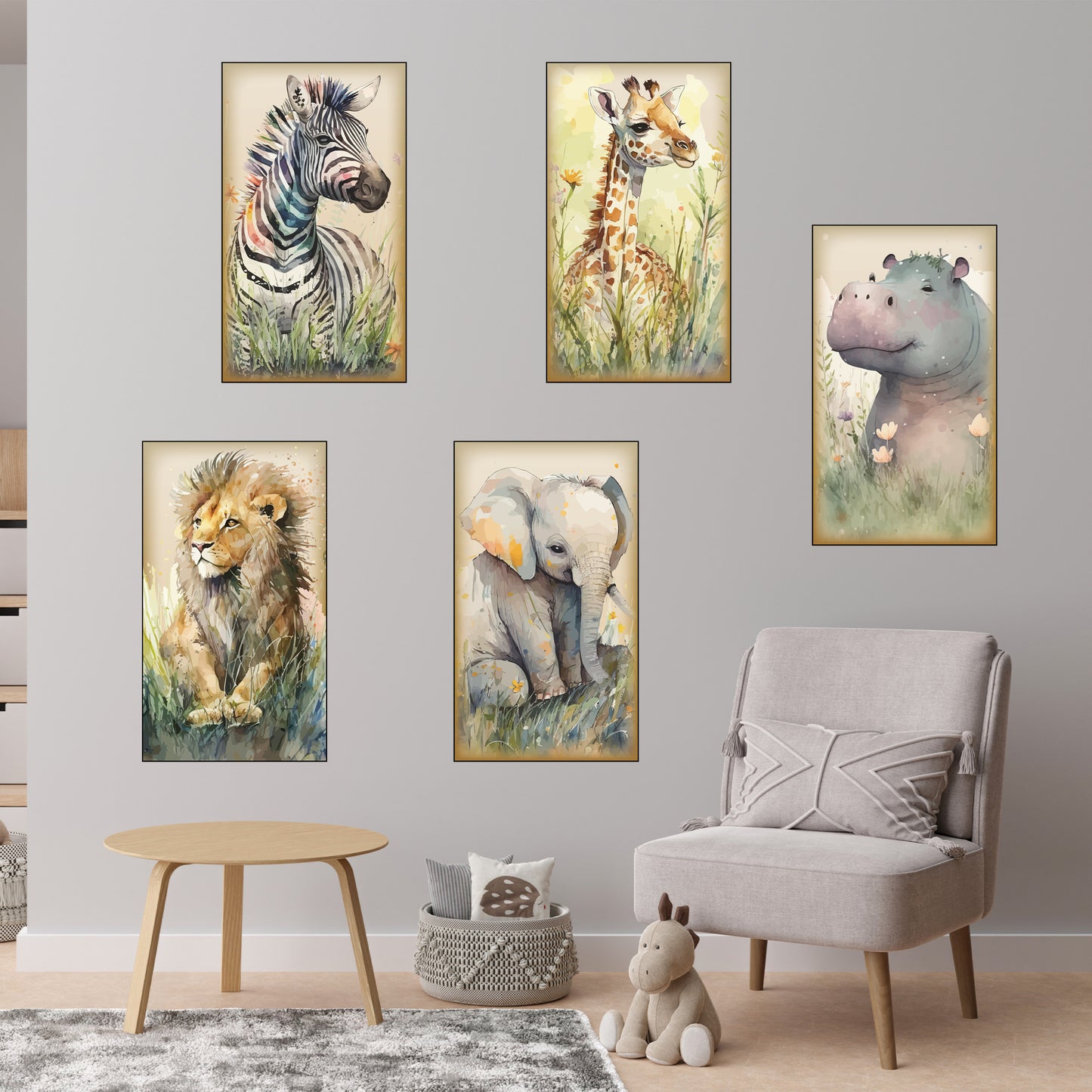 Watercolour Jungle Animal Wall Sticker - Five Animals Decal Set Wall Art