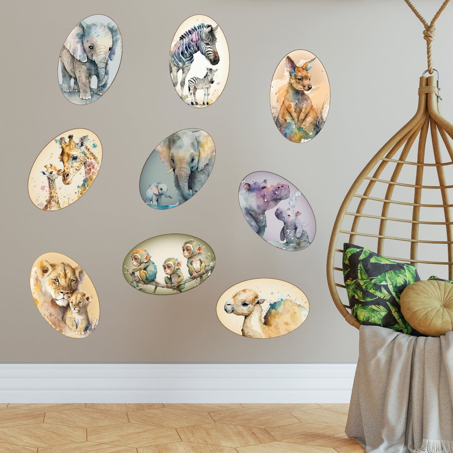 Watercolour Jungle Animal Wall Sticker - Nine Animal Decal Set Wall Art