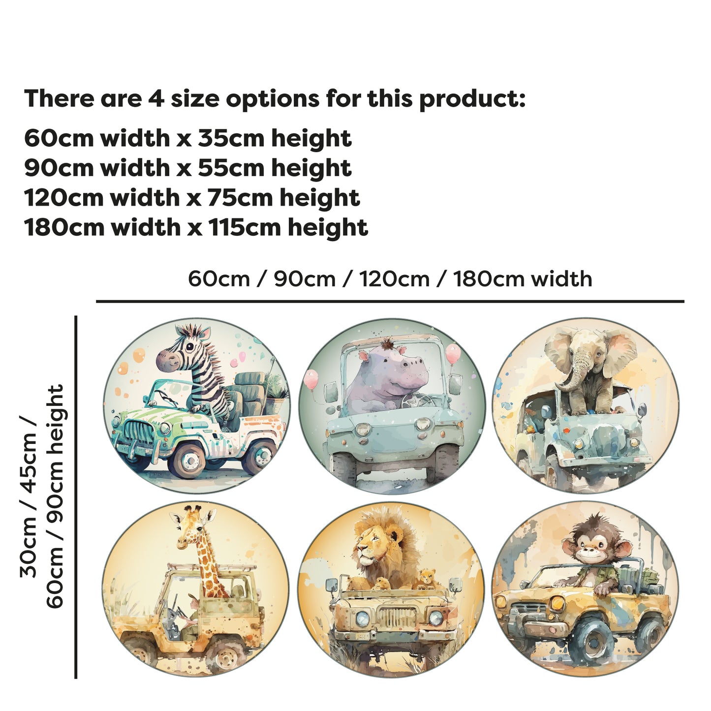 Watercolour Jungle Animal Wall Sticker - Six Animals in Jeeps Decal Set Wall Art