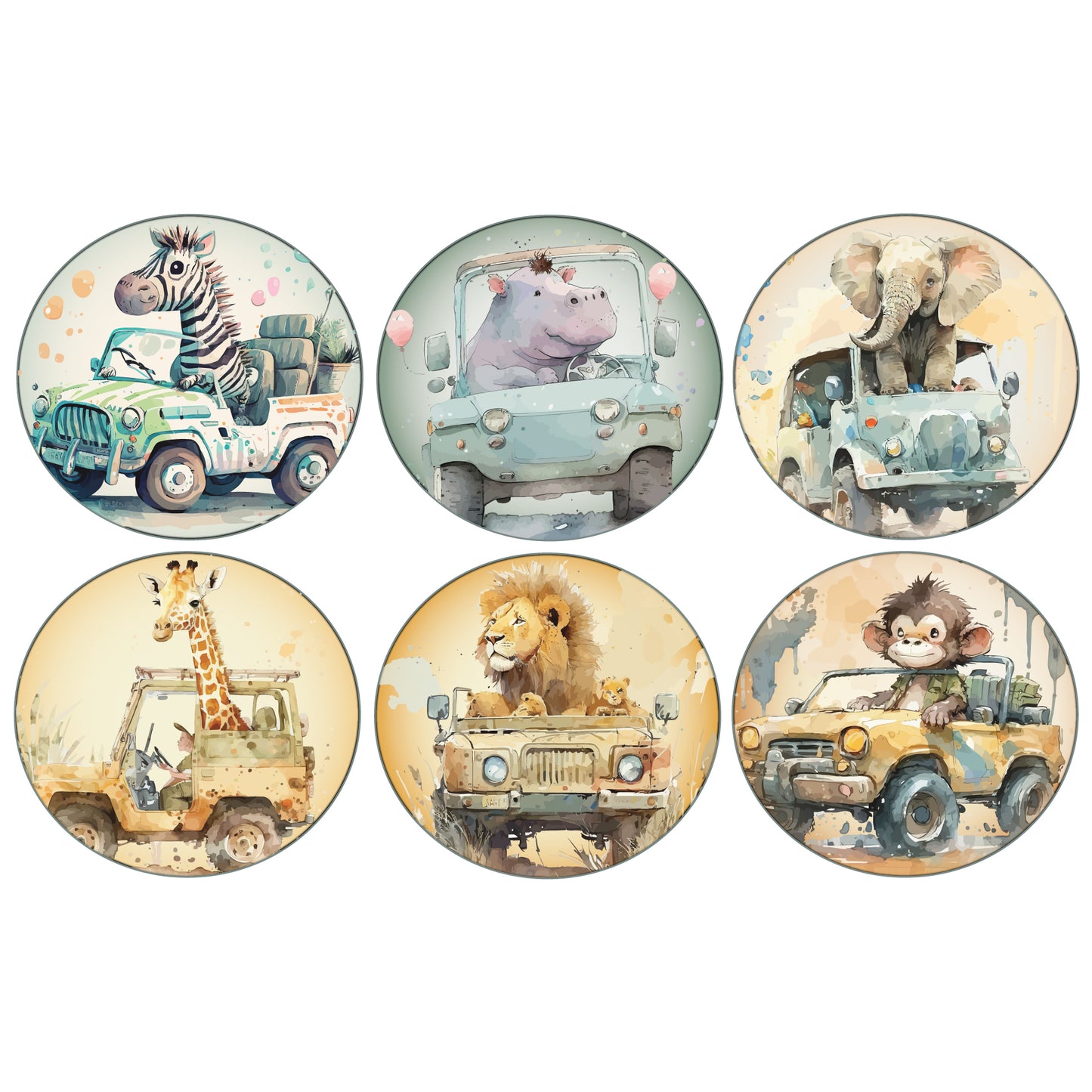 Watercolour Jungle Animal Wall Sticker - Six Animals in Jeeps Decal Set Wall Art