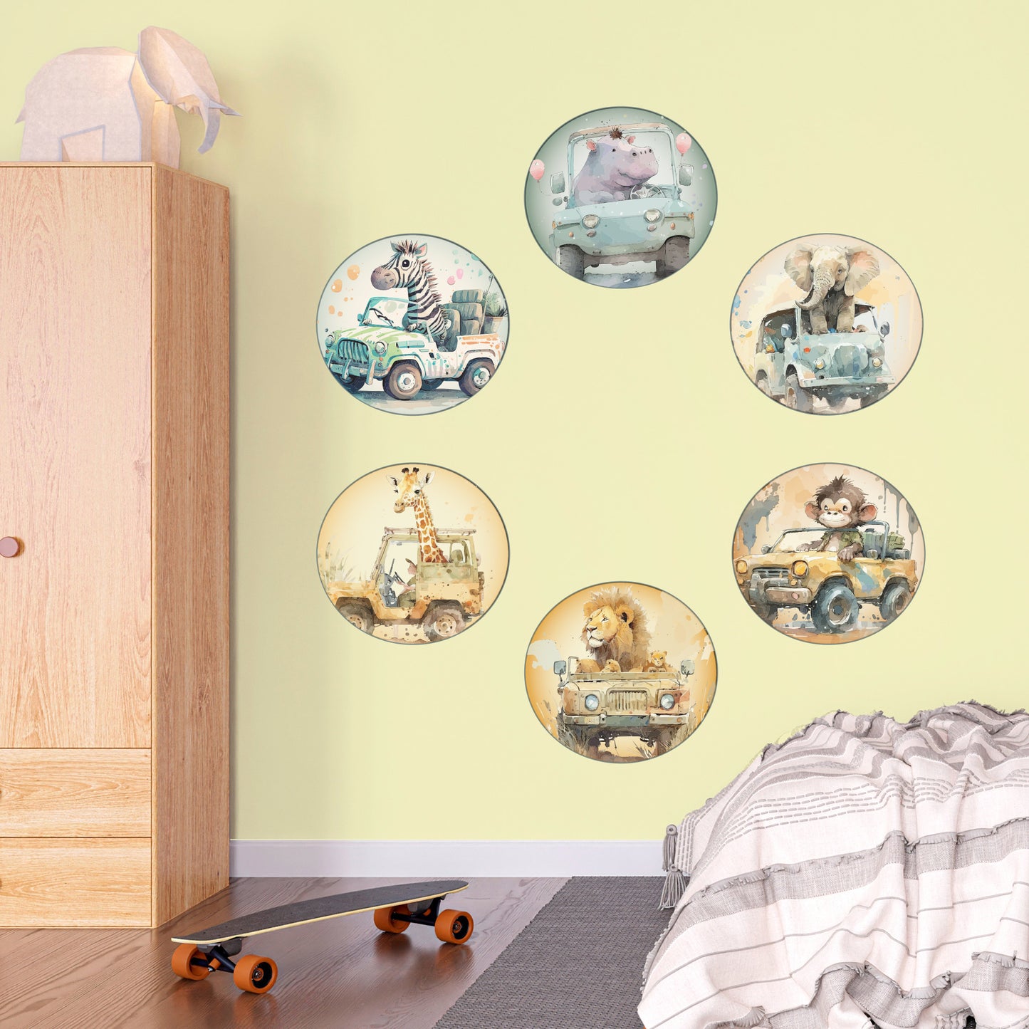 Watercolour Jungle Animal Wall Sticker - Six Animals in Jeeps Decal Set Wall Art