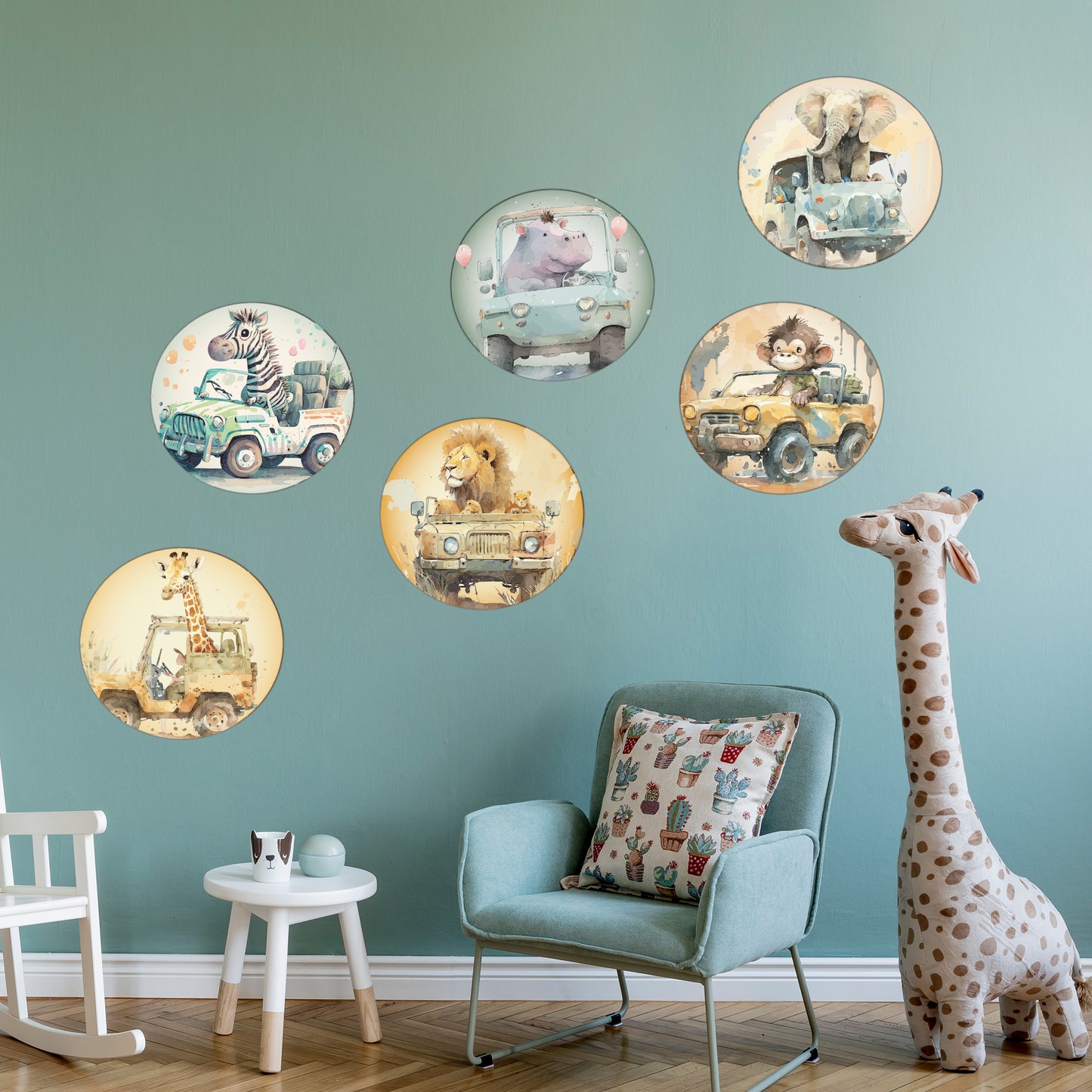 Watercolour Jungle Animal Wall Sticker - Six Animals in Jeeps Decal Set Wall Art