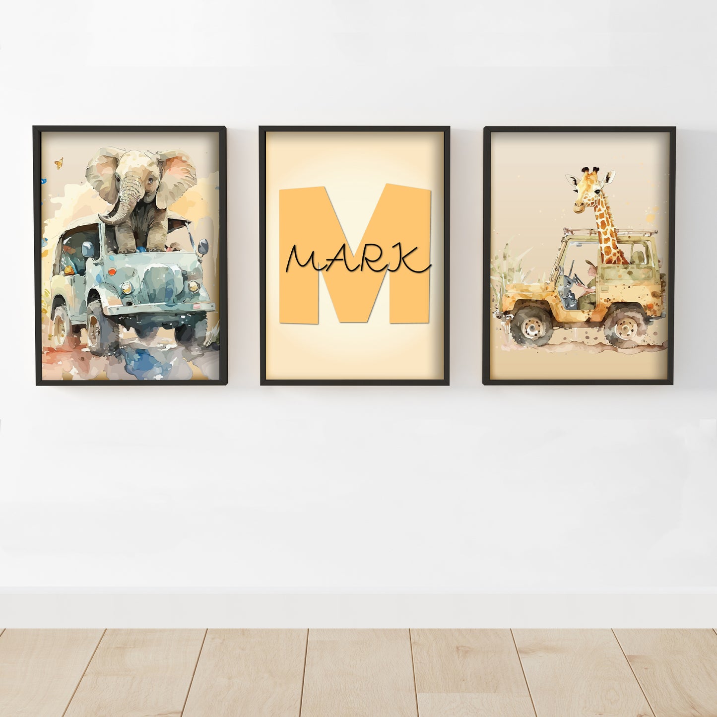 Watercolour Jungle Animal Wall Art Print - Elephant and Giraffe Personalised Poster