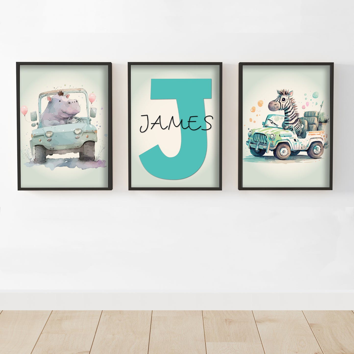 Watercolour Jungle Animal Wall Art Print - Zebra and Hippo Personalised Poster