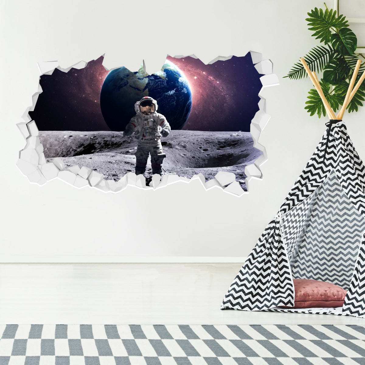 Space Wall Sticker - Astronaut on Moon with Earth Behind Broken Wall