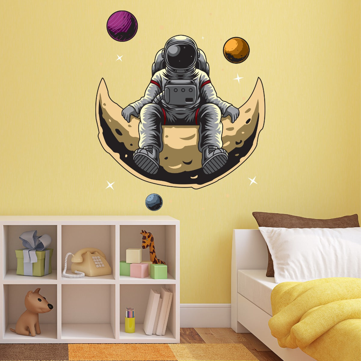 Space Wall Sticker - Astronaut Sat on Moon Cartoon
