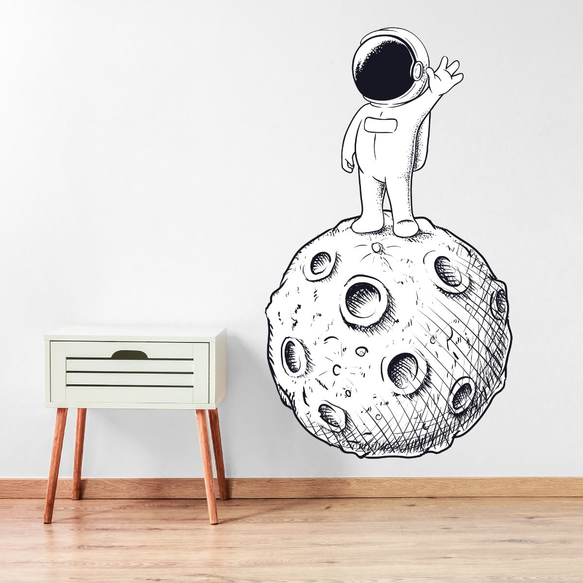 Space Wall Sticker - Astronaut Stood Waving on Moon Cartoon