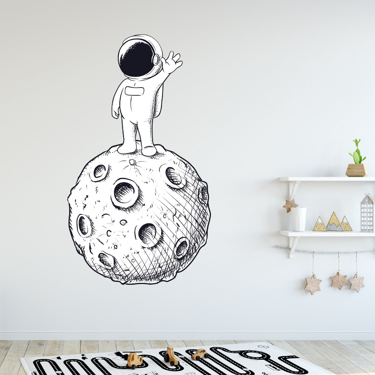 Space Wall Sticker - Astronaut Stood Waving on Moon Cartoon