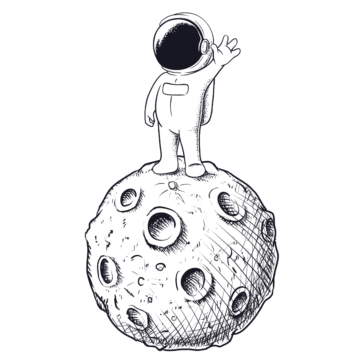 Space Wall Sticker - Astronaut Stood Waving on Moon Cartoon