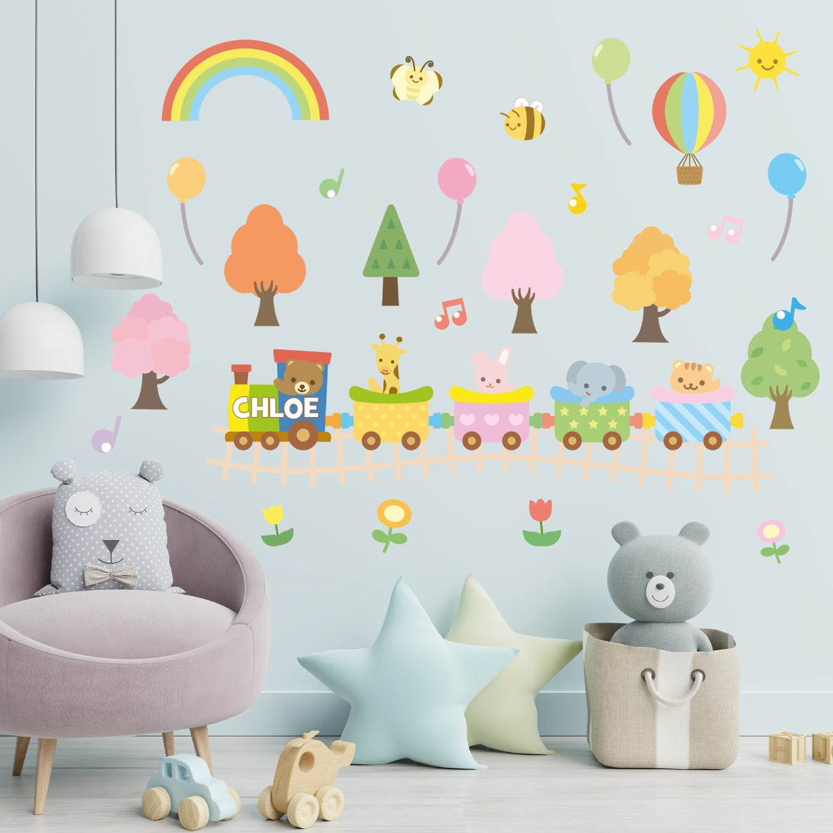 Personalised Baby Animal Train Wall Sticker Set