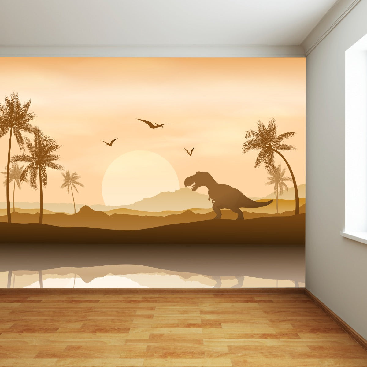 Dinosaur Wall Mural - Beige Silhouette Dinosaur Land Full Wall Mural