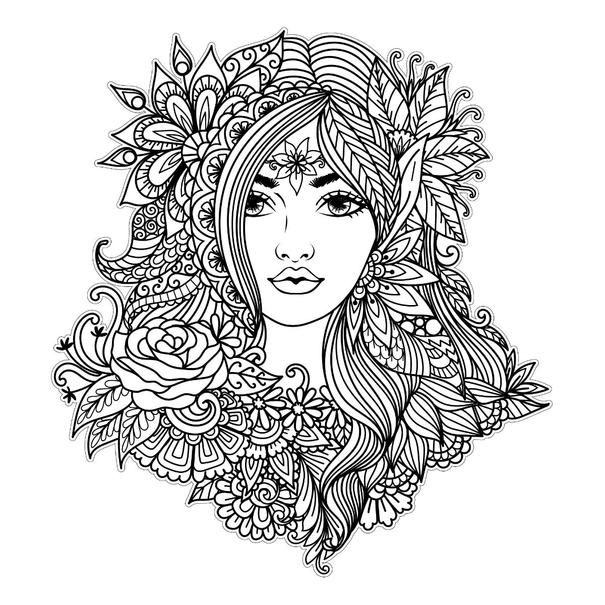 Mandala Wall Sticker - Black and White Women's Face and Mandala Pattern