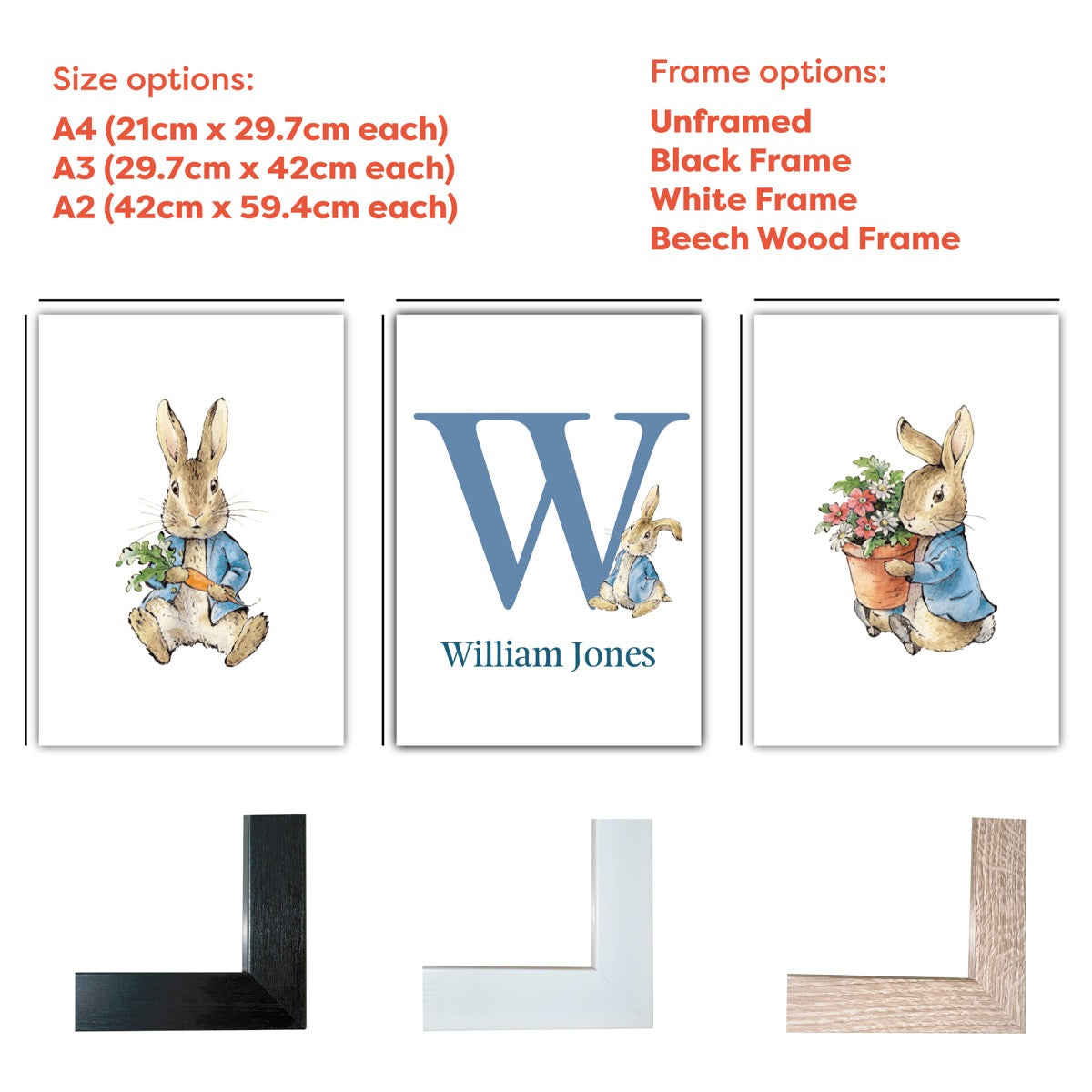Peter Rabbit Print - Carrot and Flowers Personalised Letter and Name Set of 3 Prints