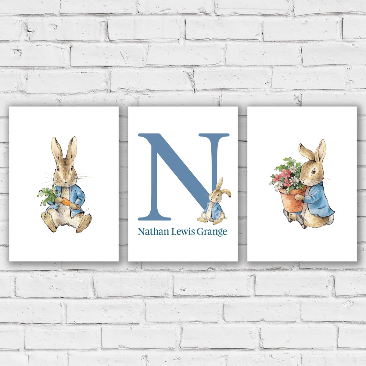 Peter Rabbit Print - Carrot and Flowers Personalised Letter and Name Set of 3 Prints