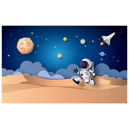 Space Wall Mural - Cartoon Astronaut Jumping on Planet Full Wall Mural
