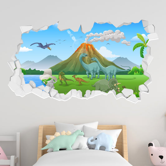 Dinosaur Wall Sticker - Cartoon Dinosaur Land with Erupting Volcano Broken Wall