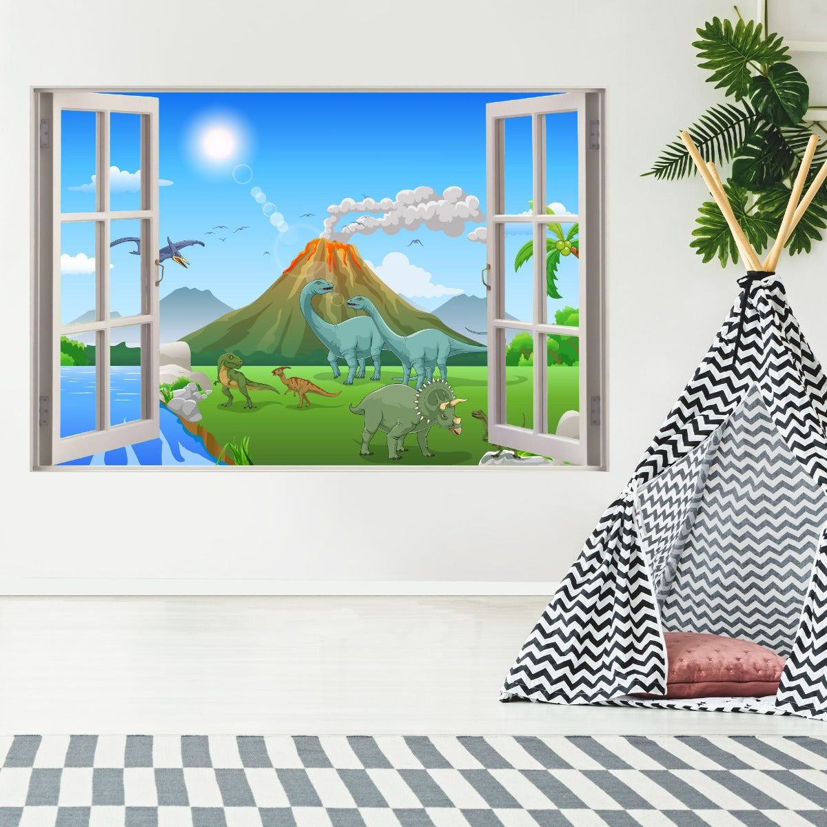 Dinosaur Wall Sticker - Cartoon Dinosaur Land with Erupting Volcano Window Wall