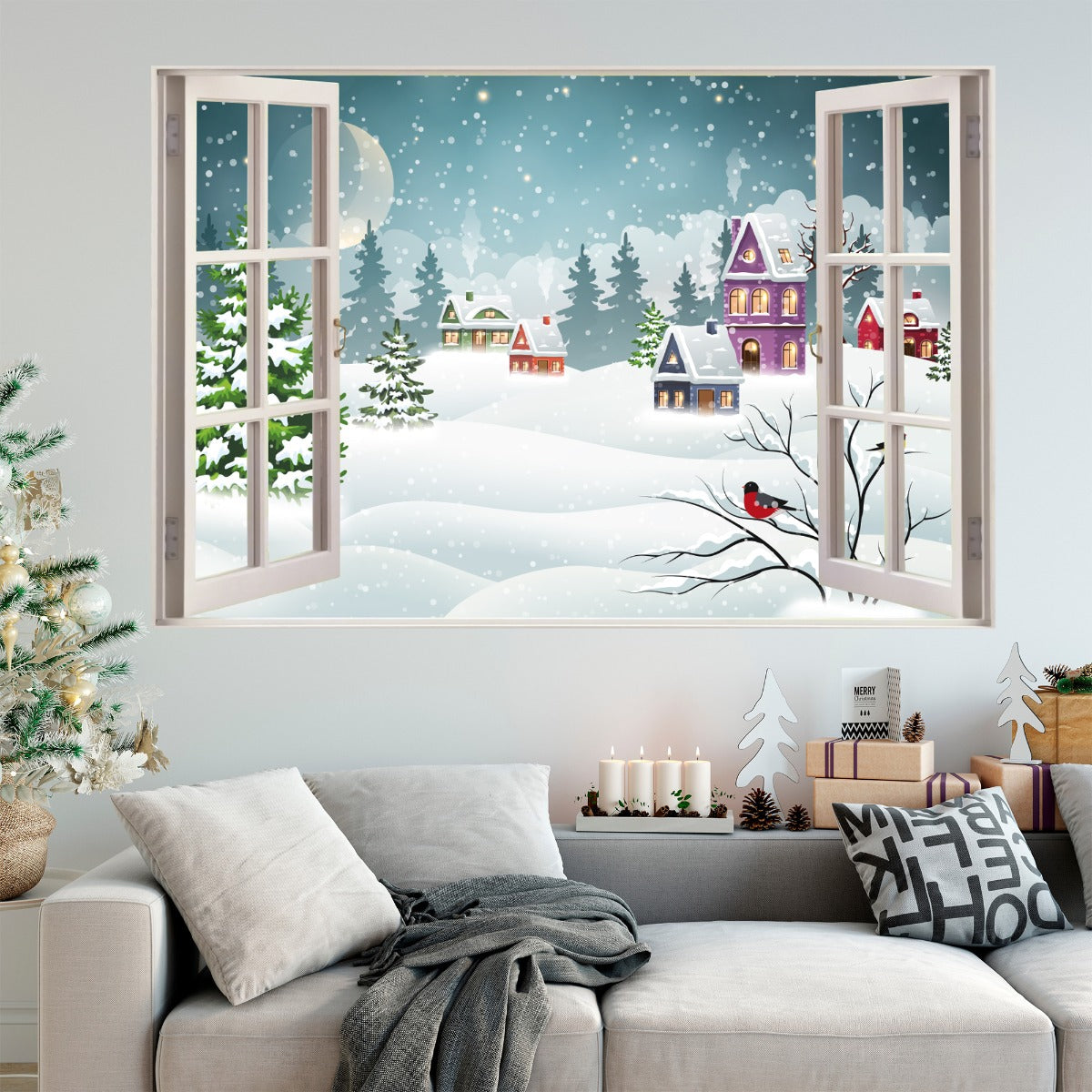 Snowy Village Window Wall Decal