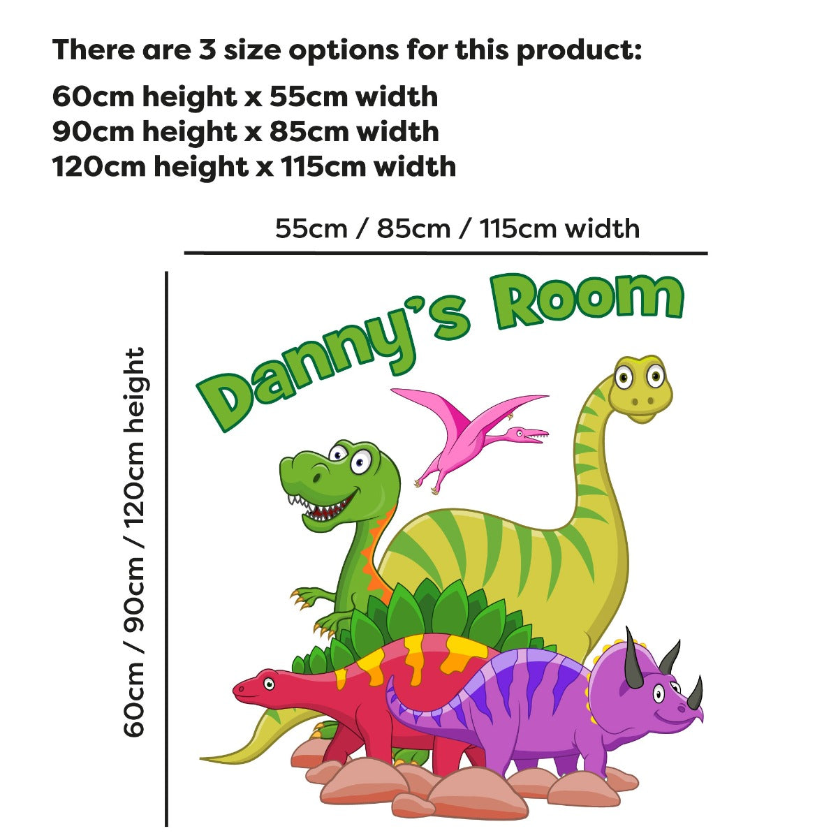 Dinosaur Wall Sticker - Colourful Cartoon Dinosaur Group Personalised Name