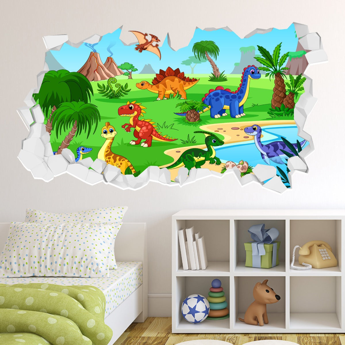 Dinosaur Wall Sticker - Colourful Cartoon Dinosaur Land Broken Wall
