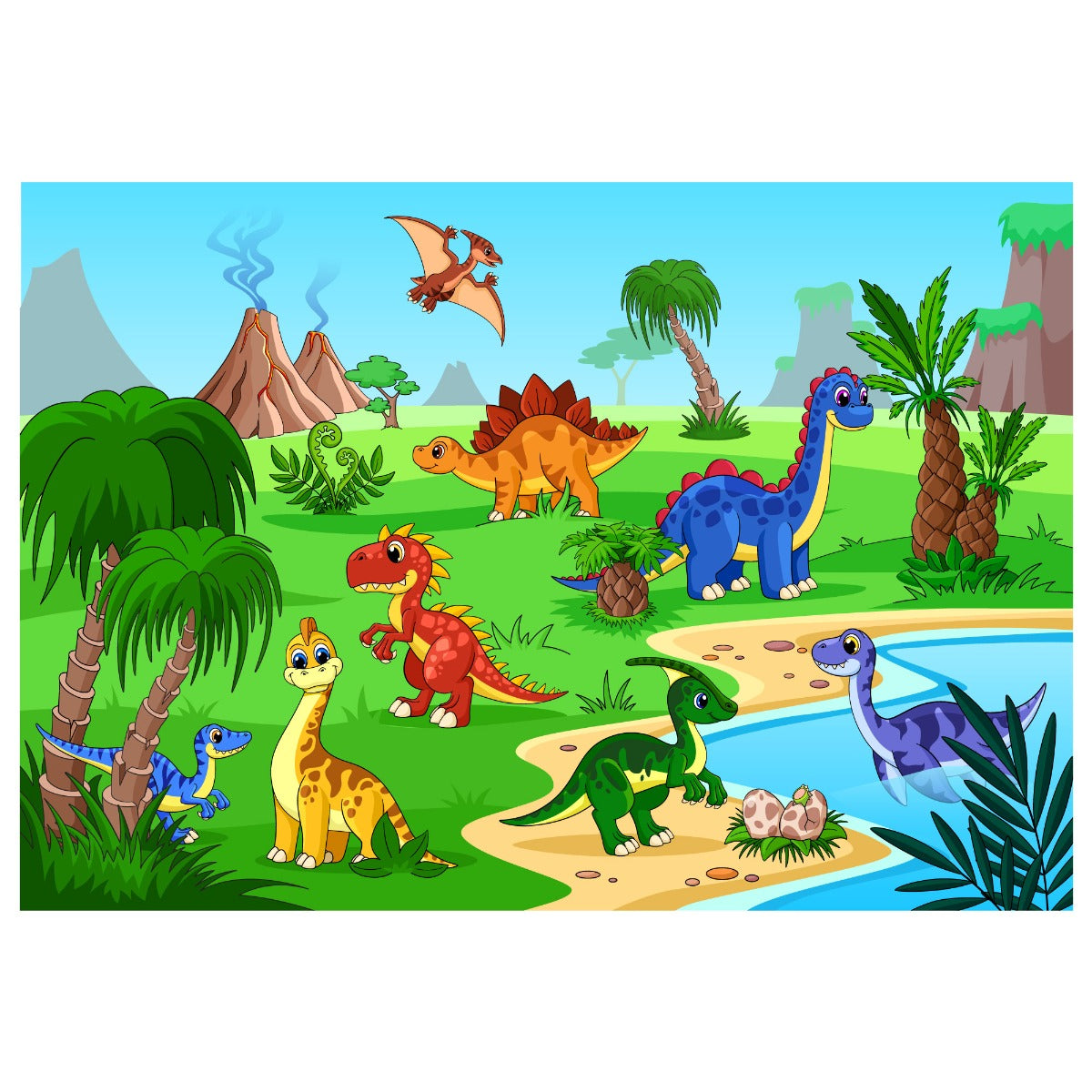 Dinosaur Wall Mural - Colourful Cartoon Dinosaur Land Full Wall Mural