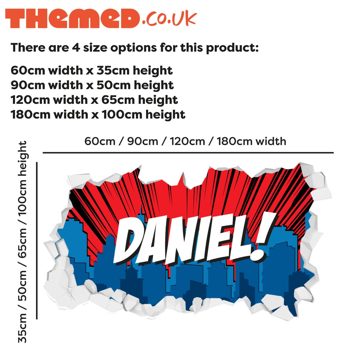 Personalised Name Superhero Cityscape Broken Wall Sticker