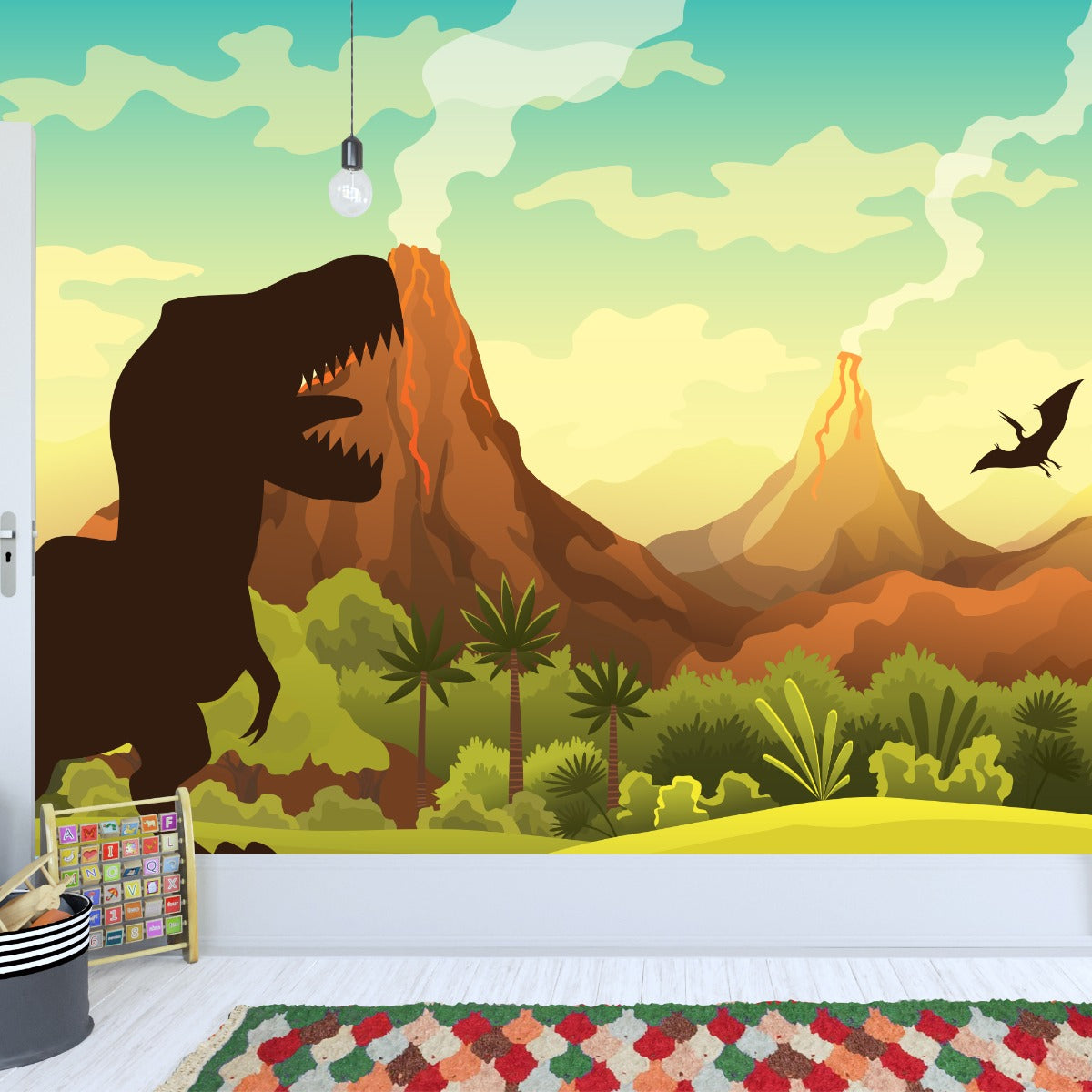 Dinosaur Wall Mural - T-Rex Silhouette with Volcanoes Full Wall Mural