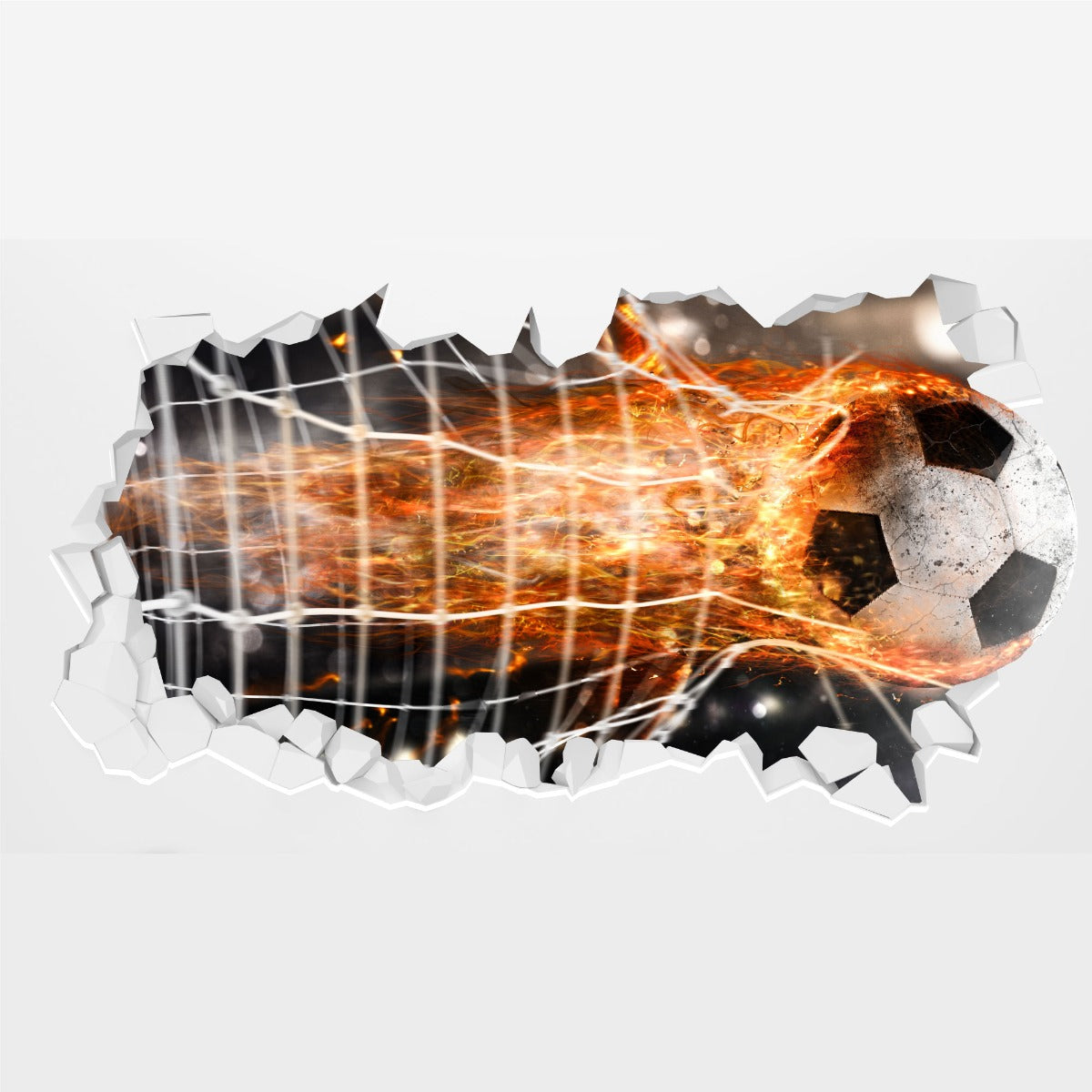 Football Wall Sticker - Fire Football Burning Through Net Broken Wall