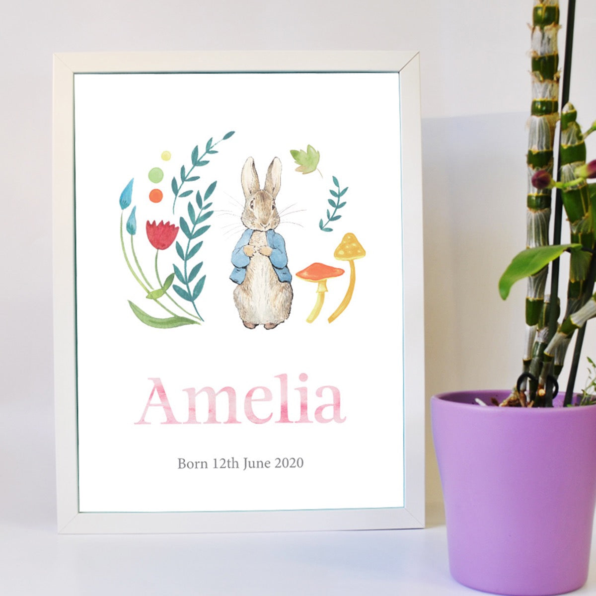 Peter Rabbit Print - Flowers Personalised Name & Date Print