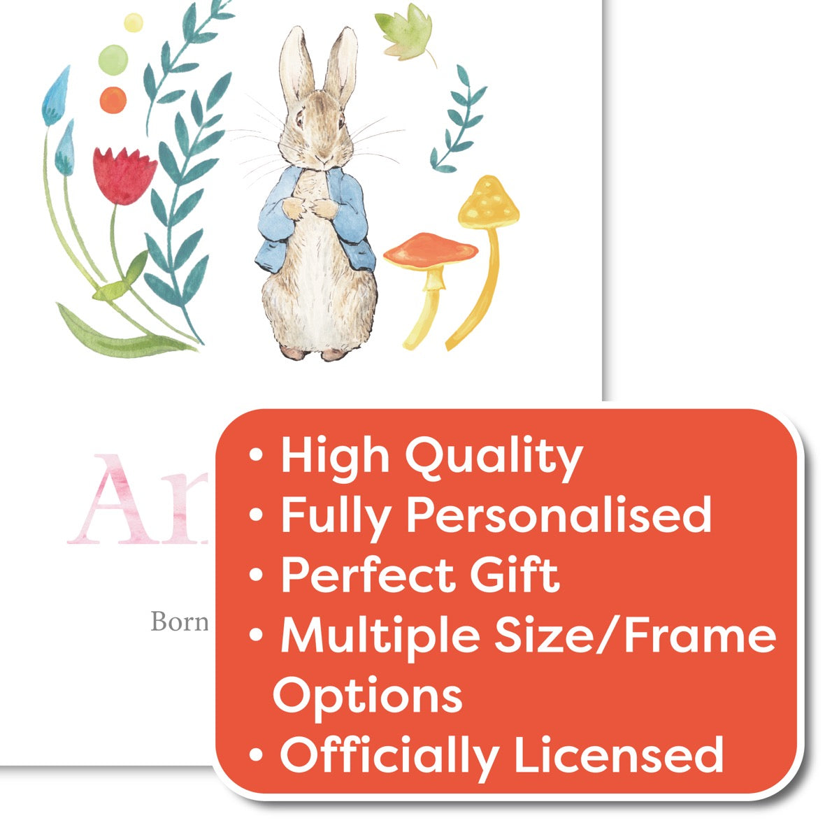 Peter Rabbit Print - Flowers Personalised Name & Date Print