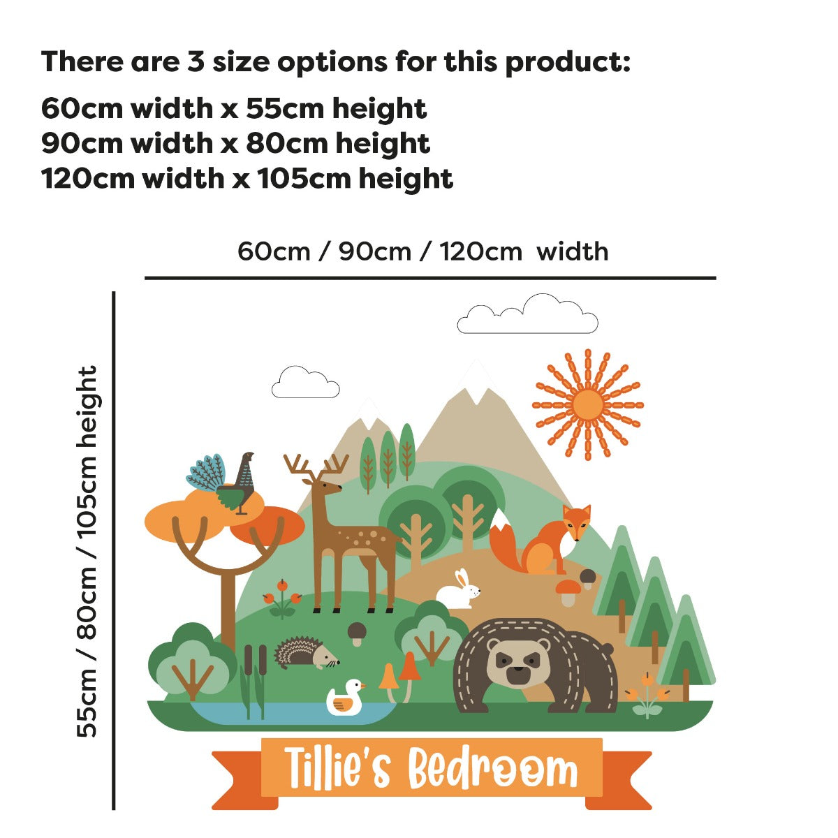 Nursery Wall Sticker - Forest Animals Mountain Personalised Name