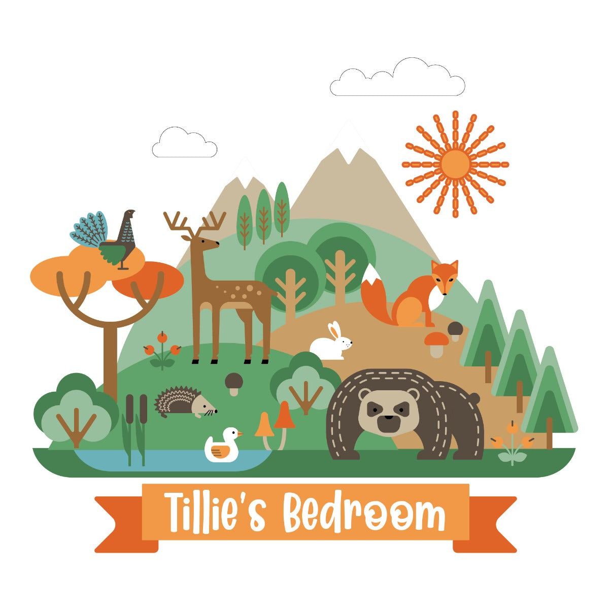 Nursery Wall Sticker - Forest Animals Mountain Personalised Name