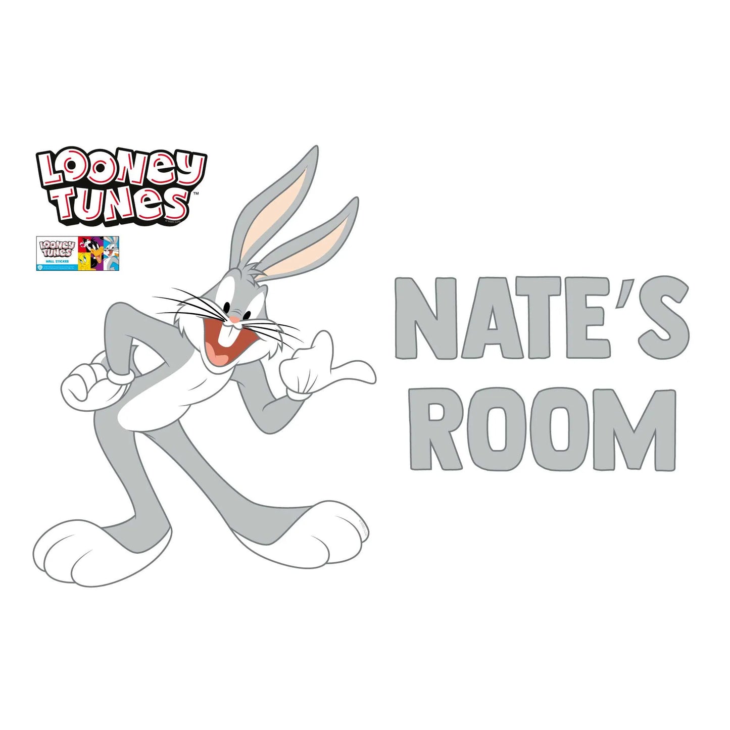 Looney Tunes Wall Sticker - Bugs Bunny Pointing at Personalised Name Wall Decal Art