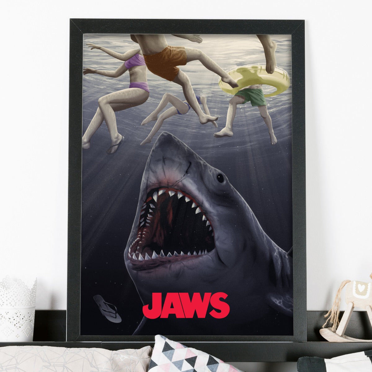 Jaws Print - Swimmers Floating Over Shark