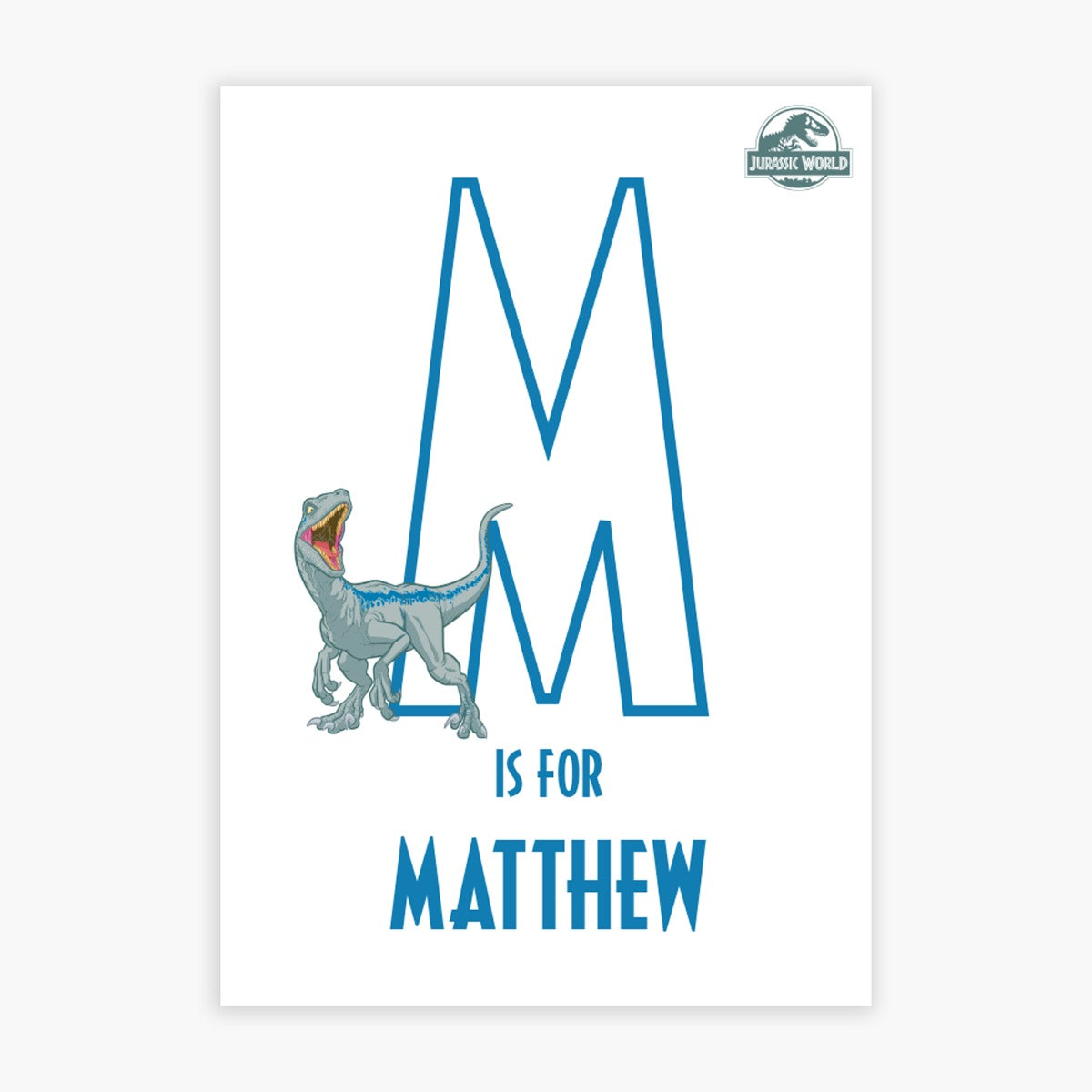 Jurassic World Print - Velociraptor with Personalised Letter and Name